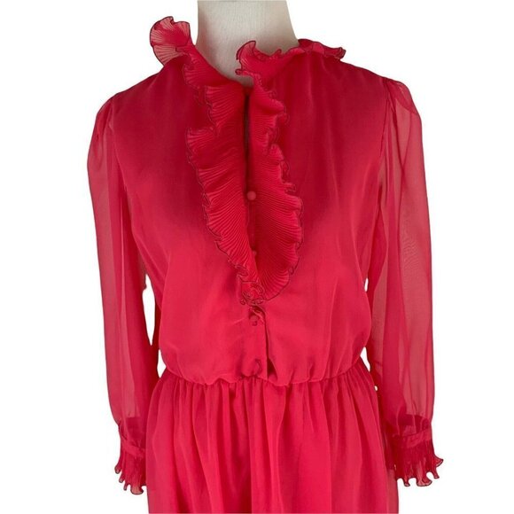 Jeri New York Vintage 1980's Evening Dress Size 8 Chiffon Hot Pink Ruffle Collar - Picture 2 of 7
